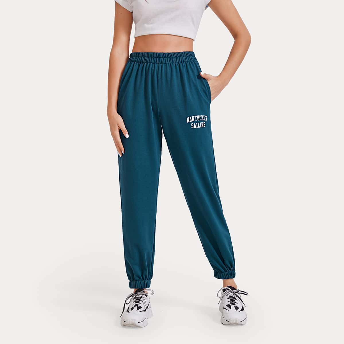 

Letter Graphic Drawstring Pants, Teal blue
