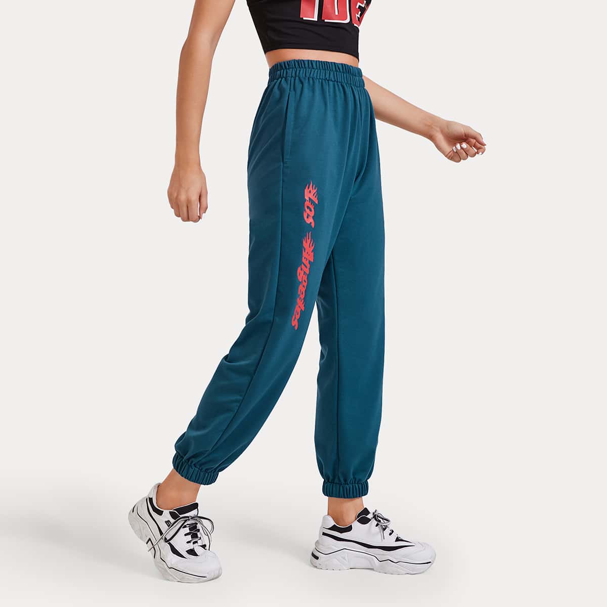 

Letter Graphic Drawstring Pants, Teal blue