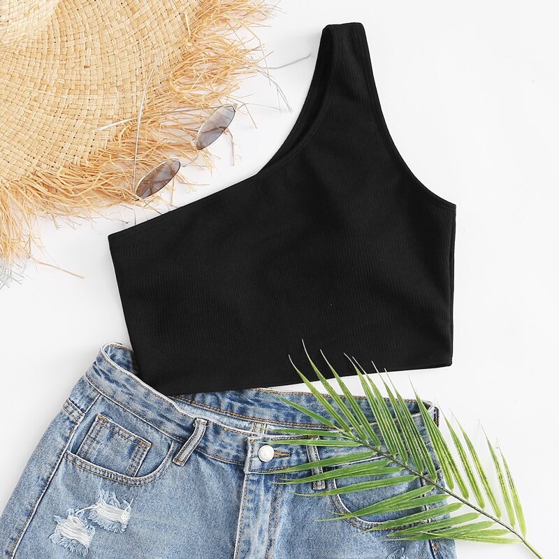 

Ribbed One Shoulder Bikini Top, Black