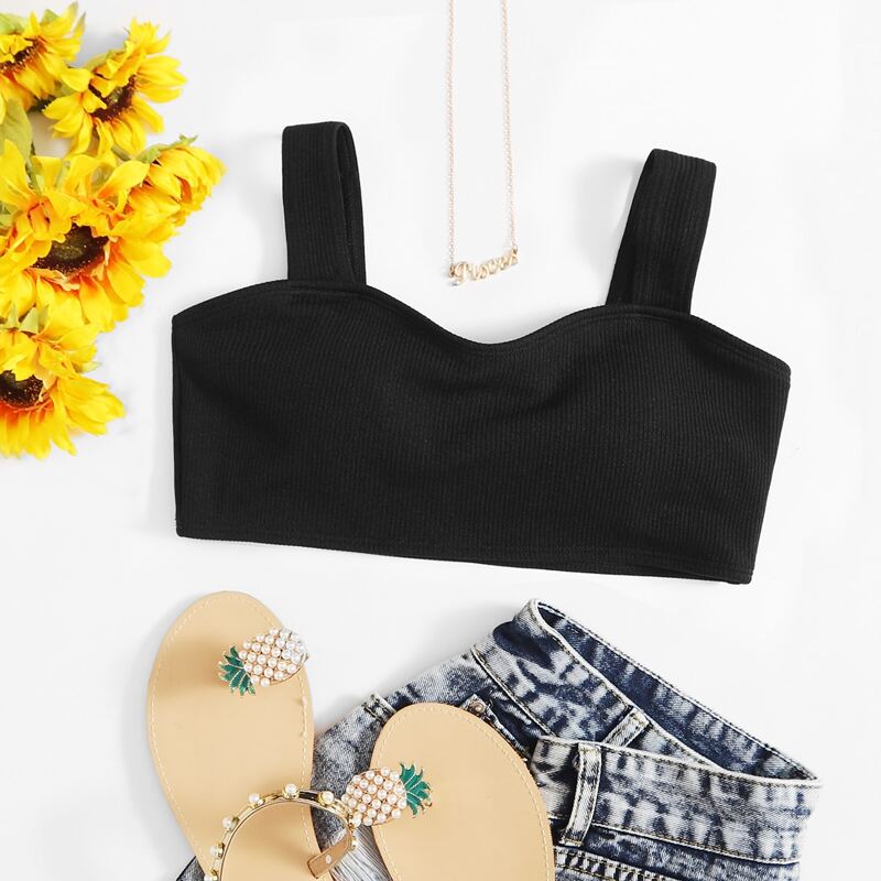 

Ribbed Plain Bikini Top, Black