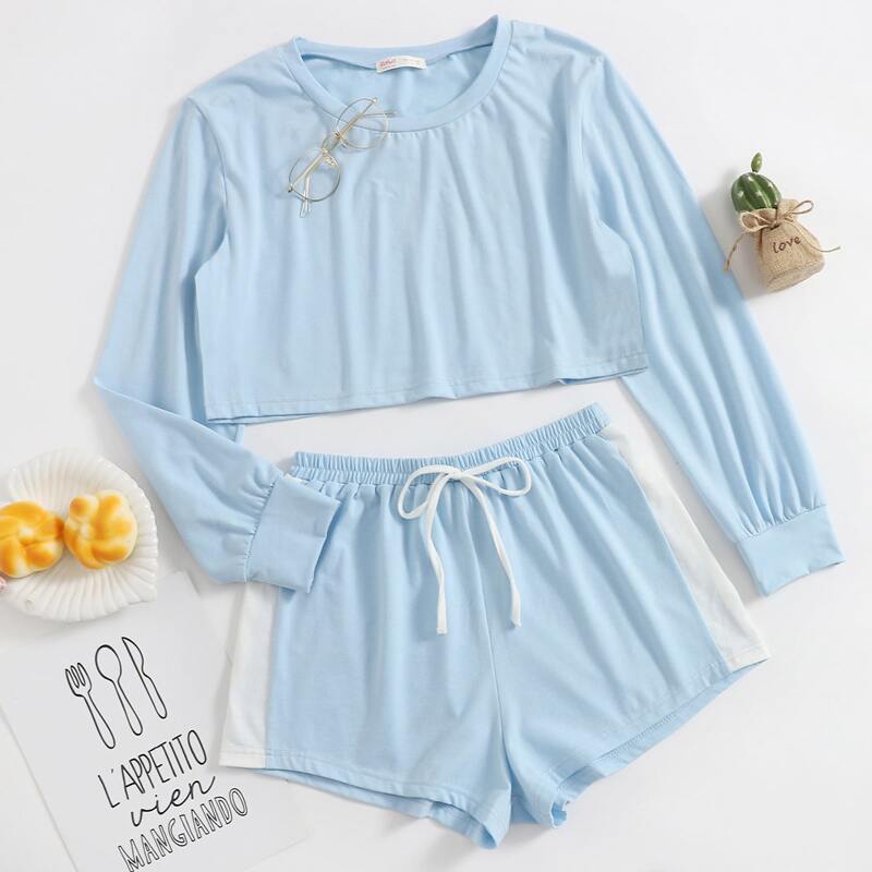 

Colorblock Tie Front Shorts PJ Set, Pastel baby blue