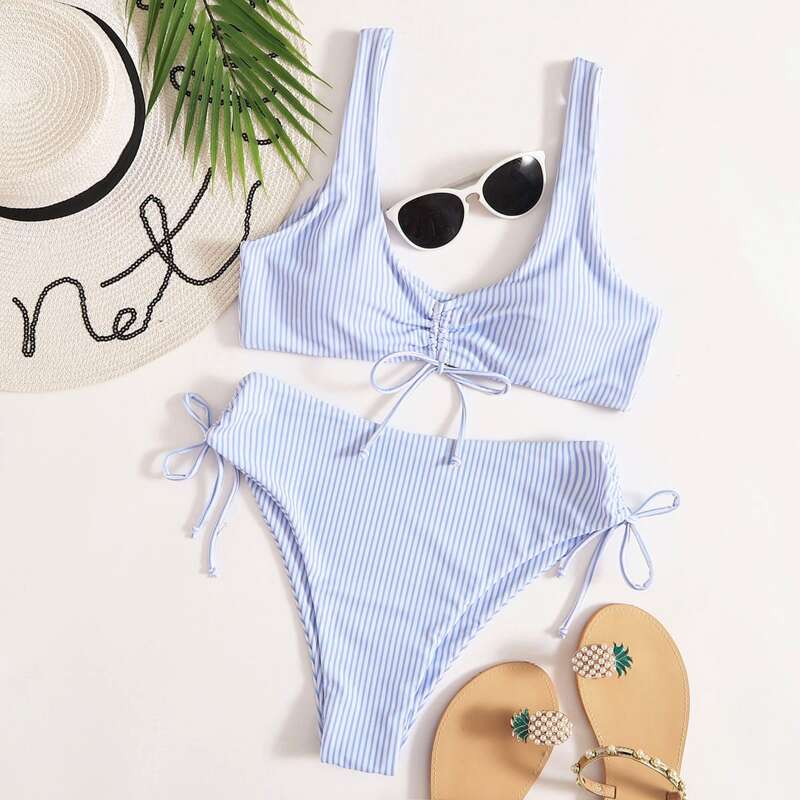 

Stripe Drawstring Bikini Swimsuit, Blue and white