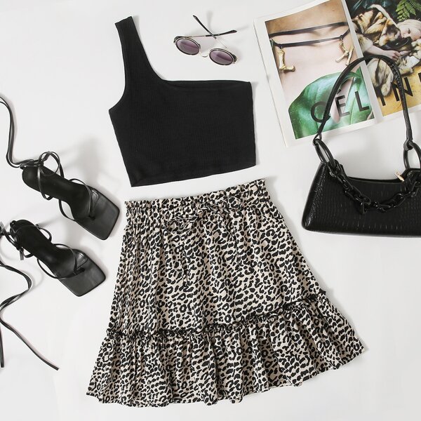

One Shoulder Crop Top & Frill Trim Leopard Skirt Set, Multicolor