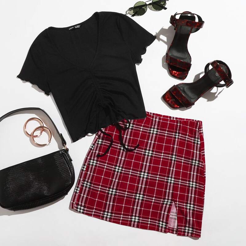 

Drawstring Front Lettuce Trim Solid Top & Split Hem Plaid Skirt Set, Multicolor