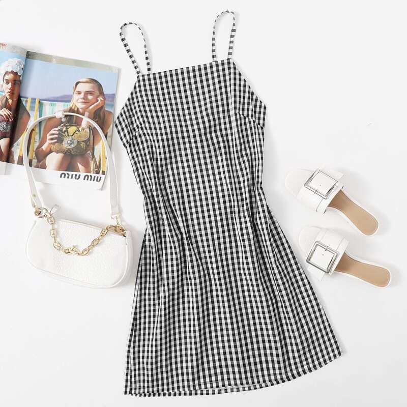 

Plaid Print Bow Back Cami Dress, Black and white