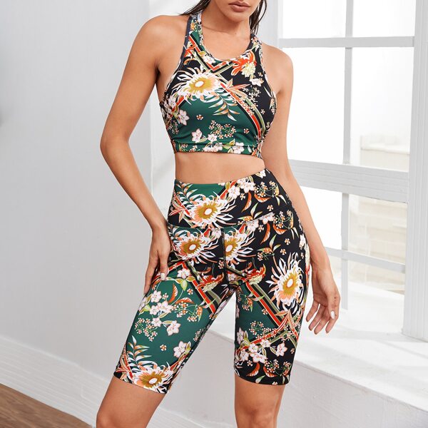 

Floral Print Racer Back Sports Bra & Biker Shorts, Multicolor