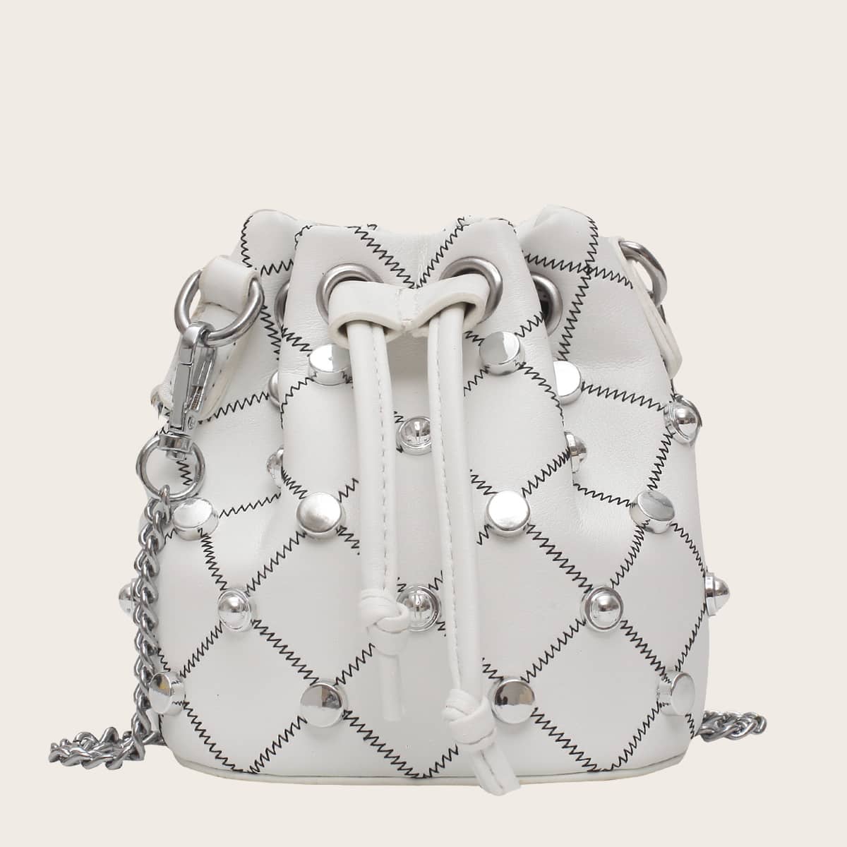 

Mini Studded Decor Drawstring Bucket Bag, White