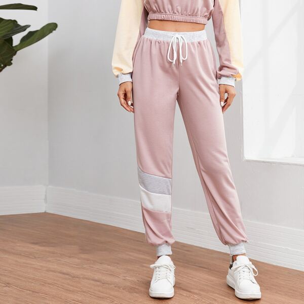 

Contrast Panel Drawstring Waist Sports Pants, Dusty pink