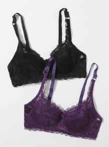 2 件装花卉蕾丝钢圈文胸套装内衣 - 彩色 - 查看 3