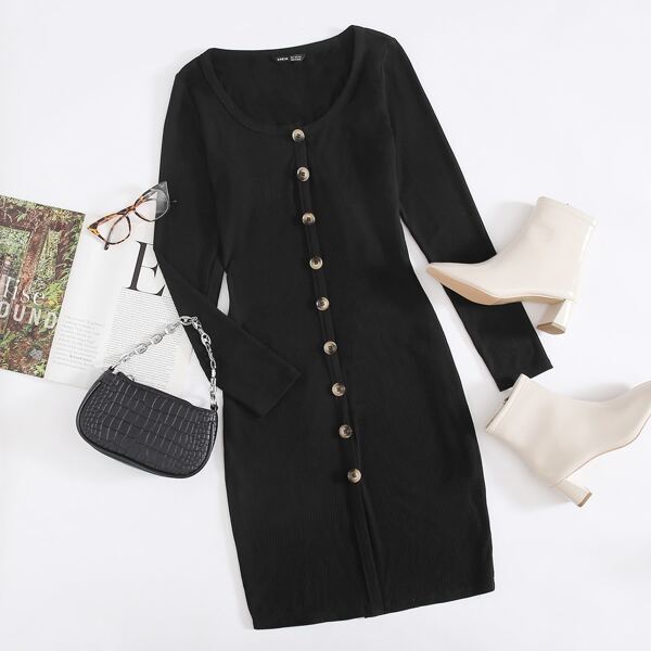 

Single Breasted Rib-knit Dress, Black