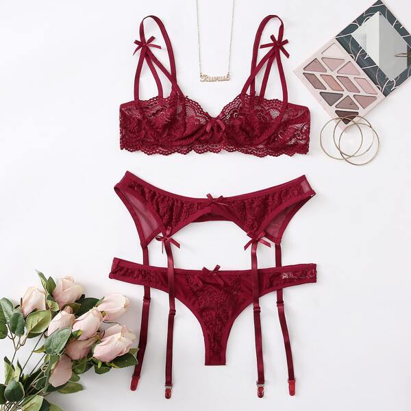 

Floral Lace Garter Lingerie Set, Burgundy