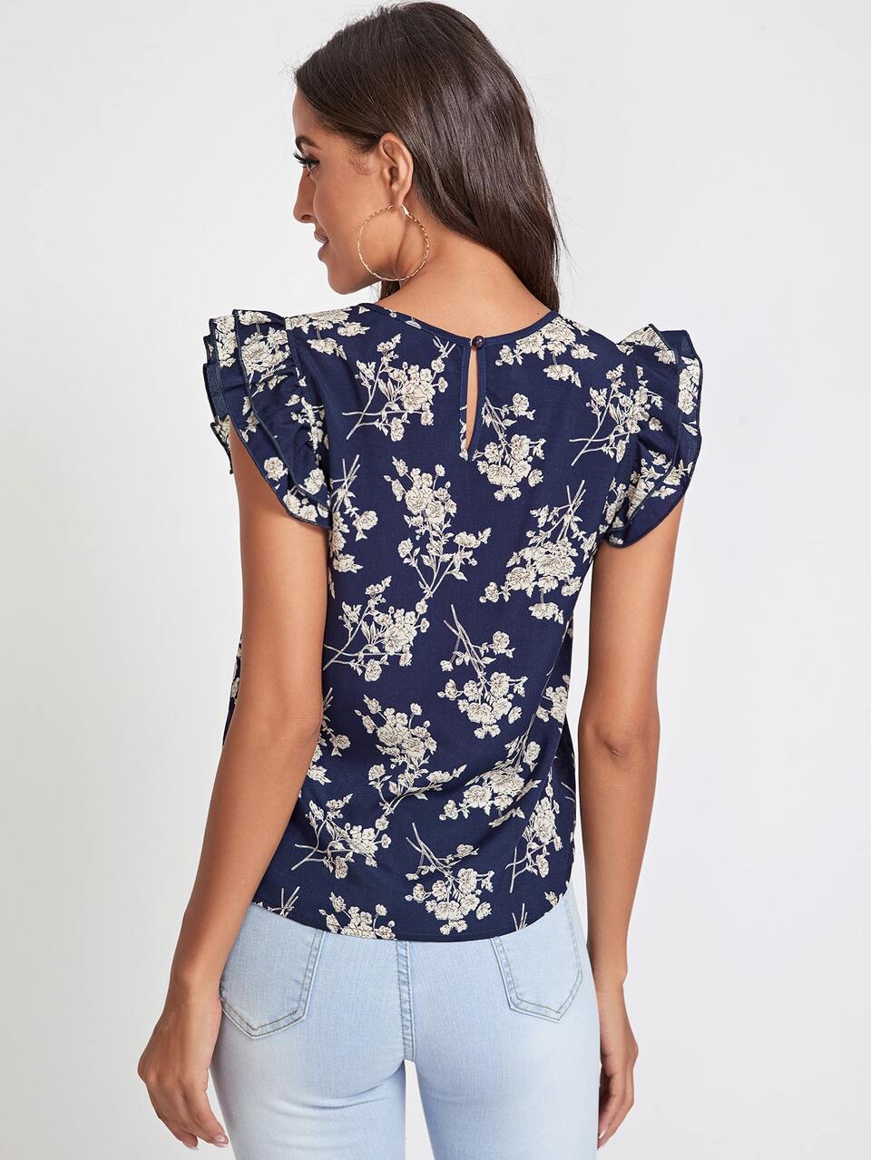 Keyhole Neck Ruffle Trim Floral Top