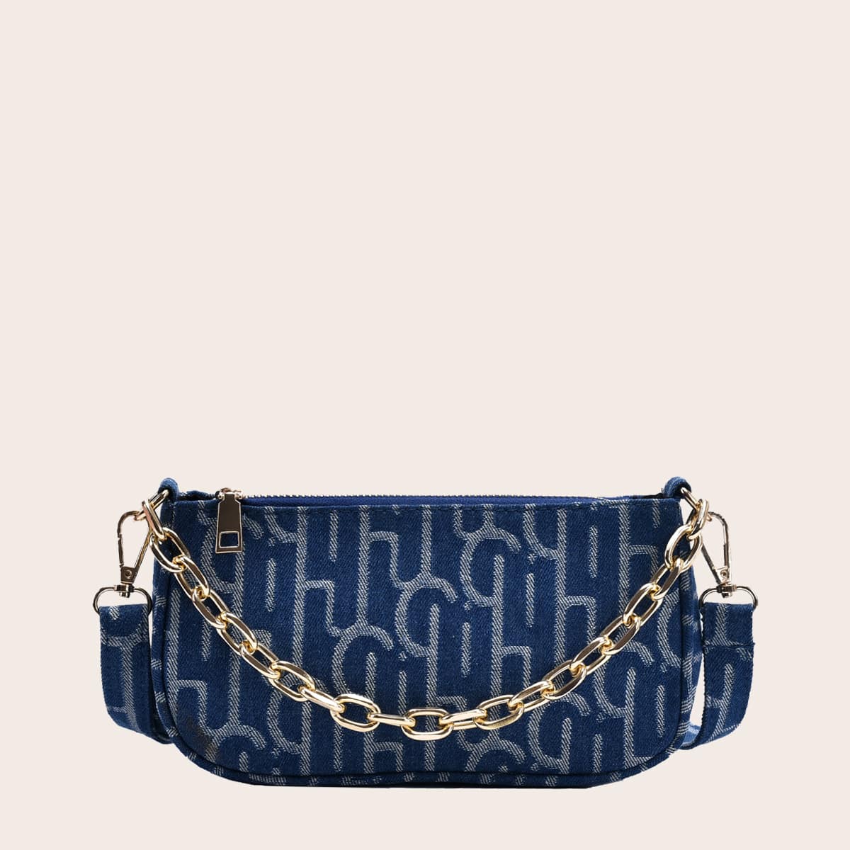 

Chain Decor Letter Graphic Baguette Bag, Blue