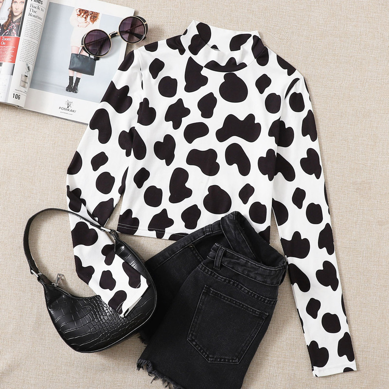 

Cow Print Mock Neck Tee, Black and white