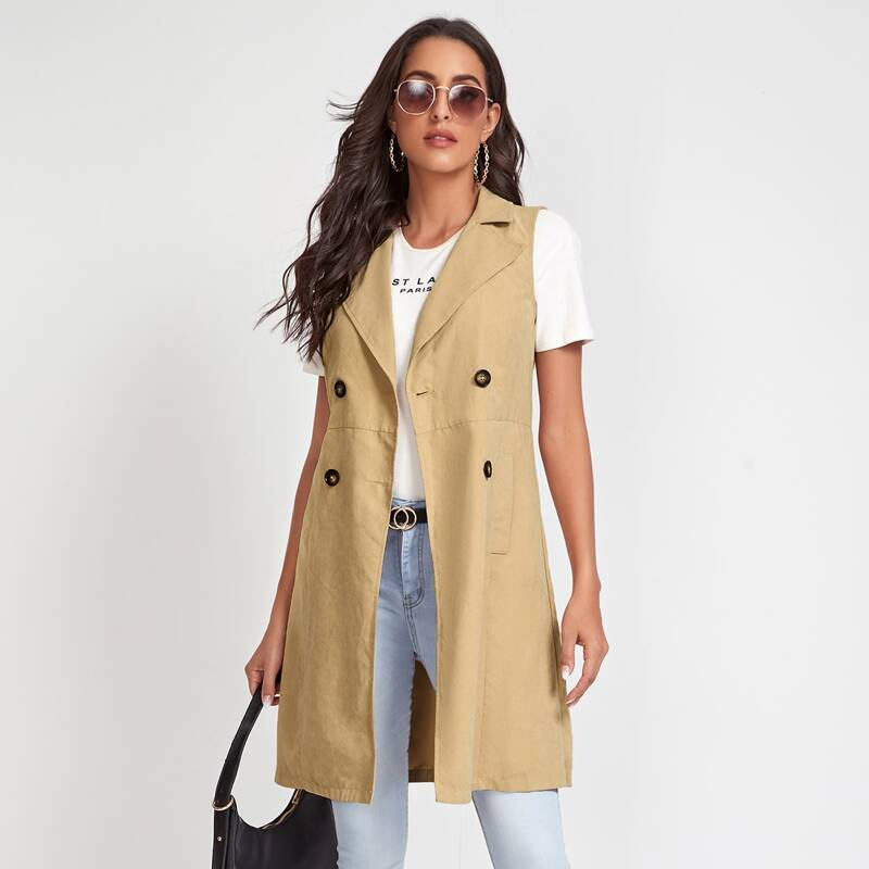

Lapel Neck Double-breasted Vest Coat, Khaki