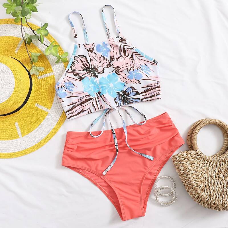 

Tropical Lace-up High Waist Bikini Swimsuit, Multicolor
