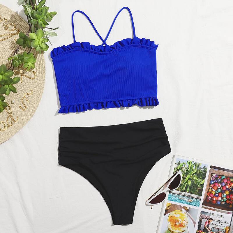

Frill Trim High Waist Bikini Swimsuit, Multicolor