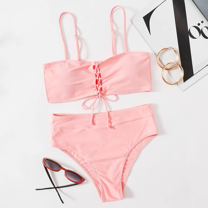 

Lace Up High Waist Bikini Swimsuit, Pastel baby pink