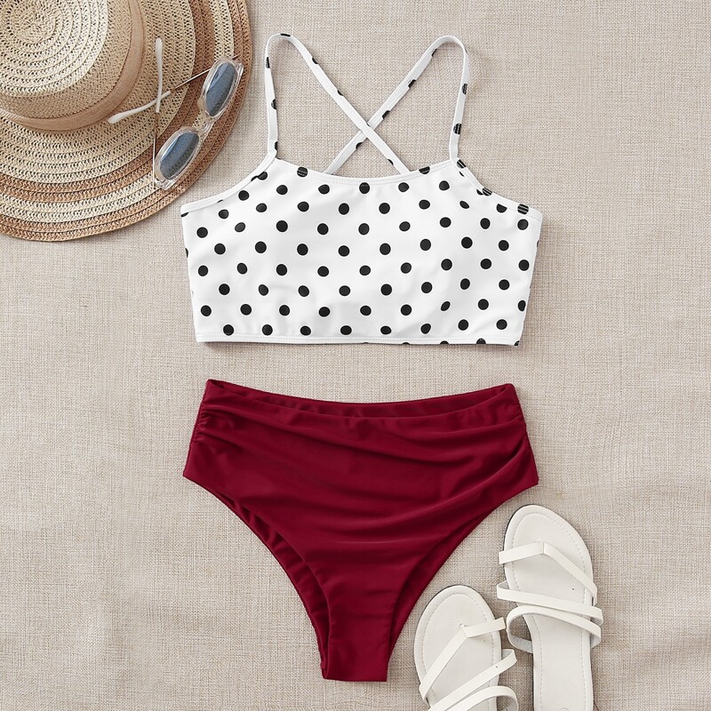 

Polka Dot Lace-up Back Bikini Swimsuit, Multicolor