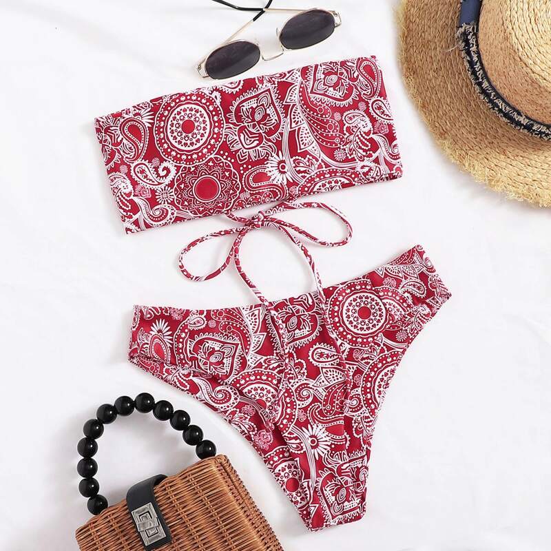 

Tribal Lace-up Bandeau Bikini Swimsuit, Red