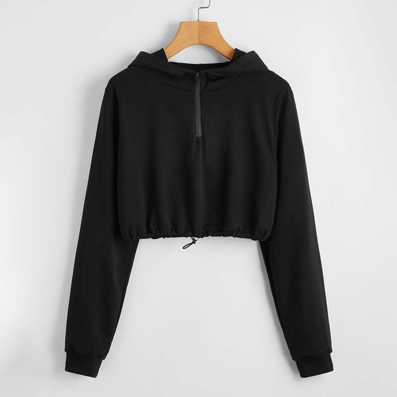 

Zip Half Drawstring Hem Crop Pullover, Black