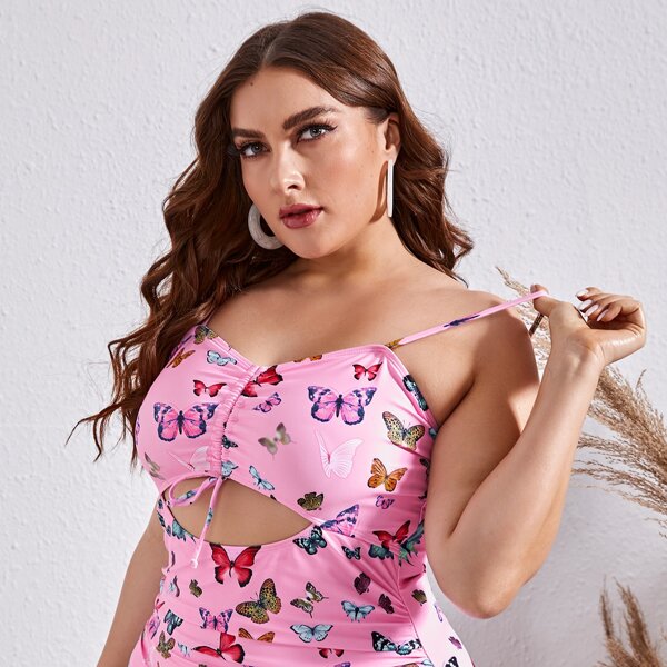 

Plus Butterfly Print Drawstring One Piece Swimsuit, Baby pink