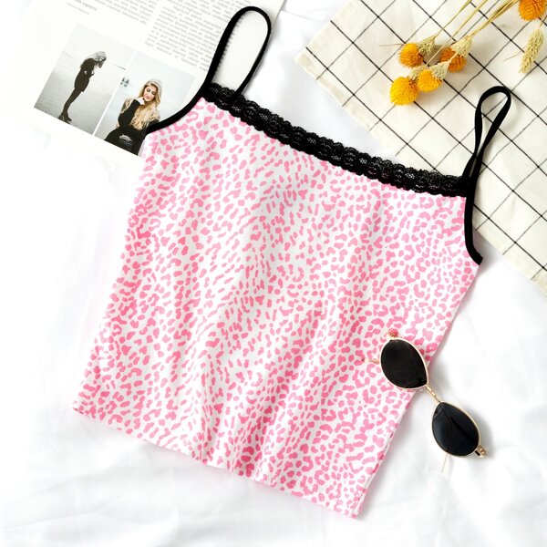 

All Over Print Contrast Lace Cami Top, Pink