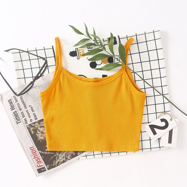

Solid Rib-knit Crop Cami Top, Yellow