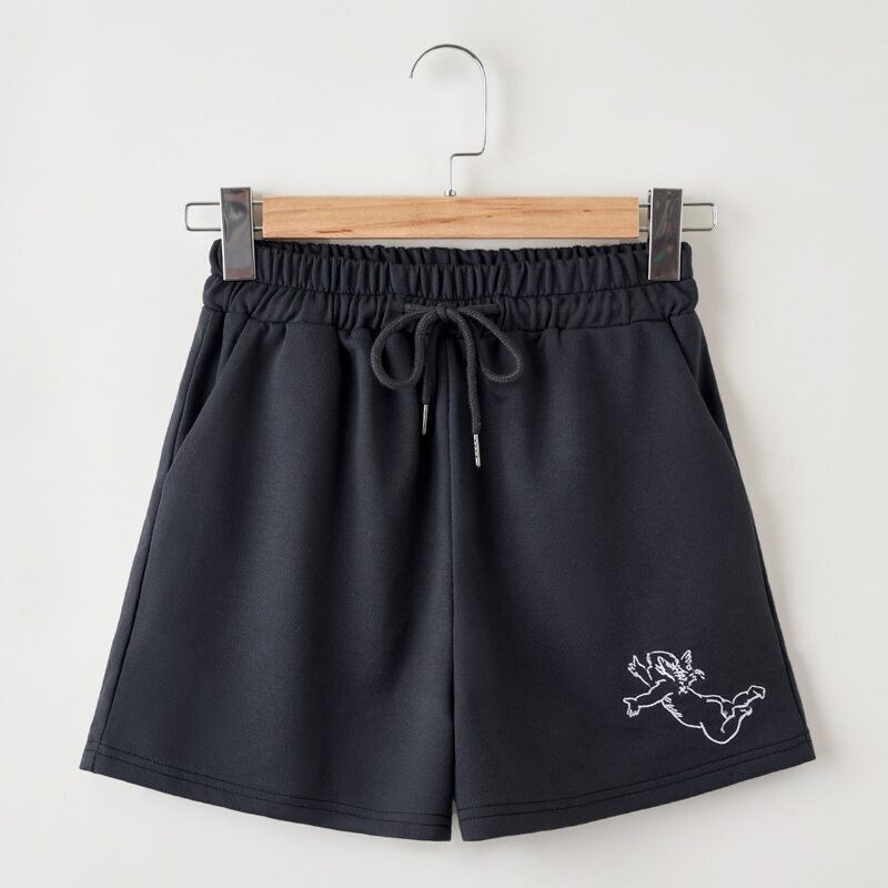 

Angel Embroidery Drawstring Shorts, Dark grey