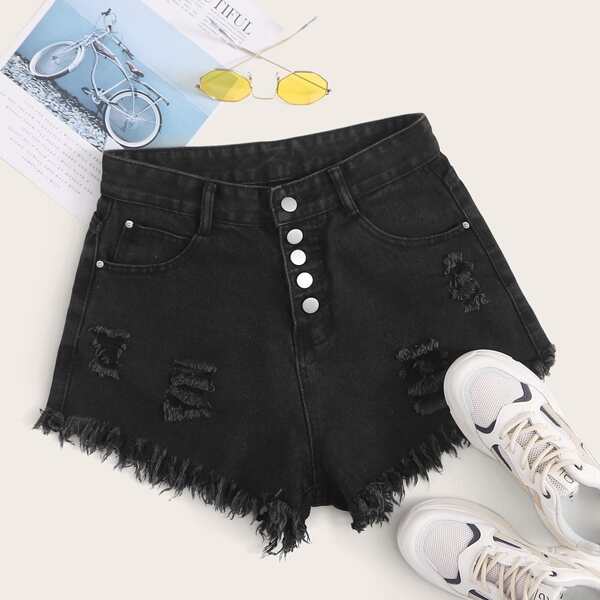 

Plus Button Fly Raw Hem Denim Shorts, Black