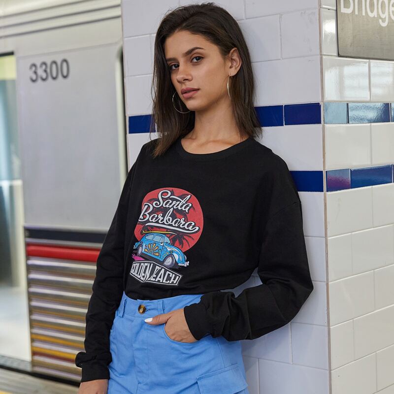 

Car & Letter Graphic Sweatshirt, Black