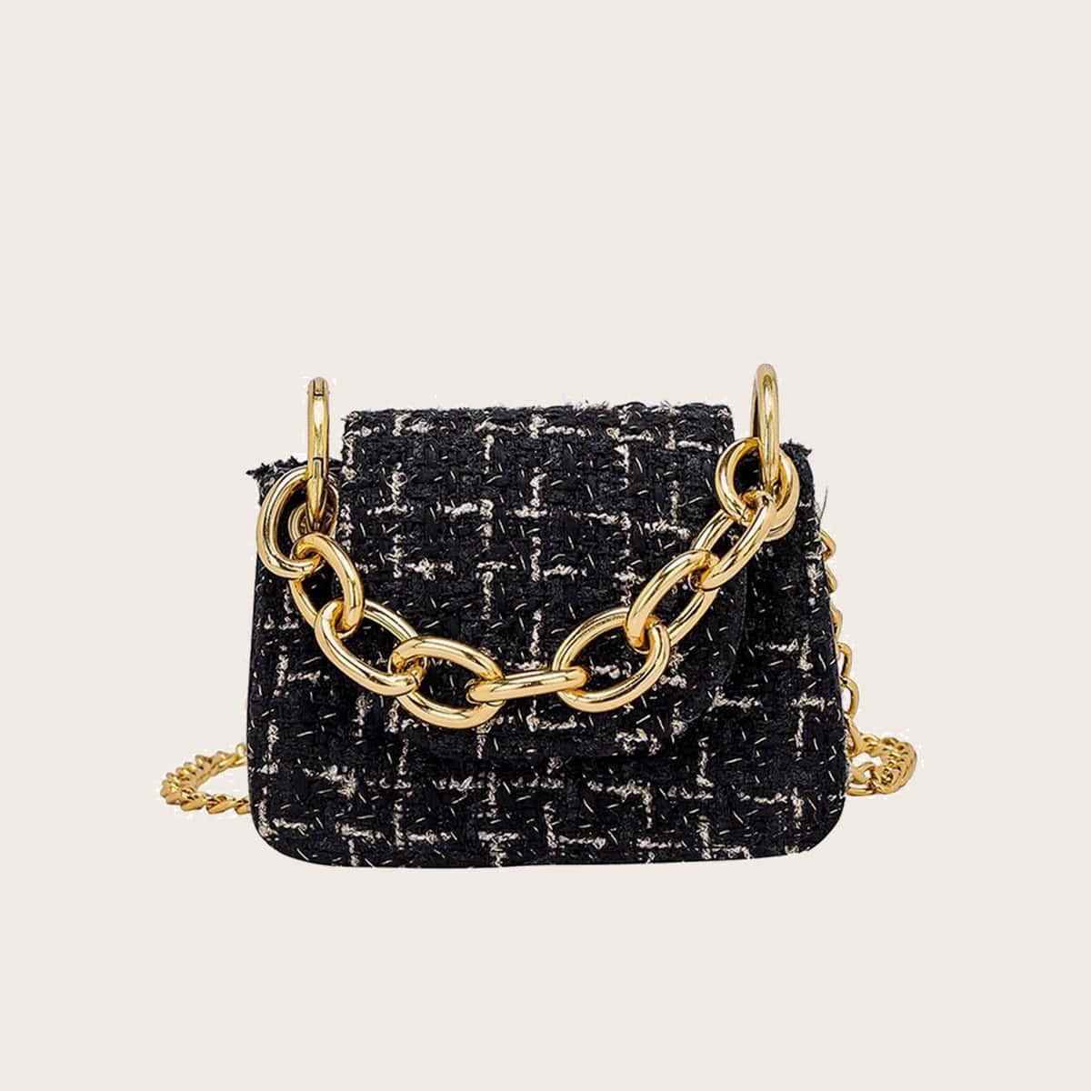 

Tweed Chain Satchel Bag, Black