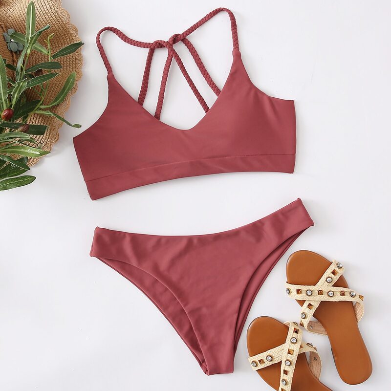 

Braided Strap Tie Back Bikini Swimsuit, Redwood