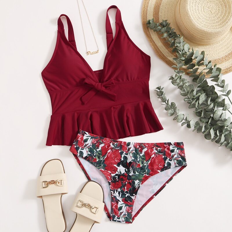 

Floral Knot Front Ruffle Hem Bikini Swimsuit, Burgundy