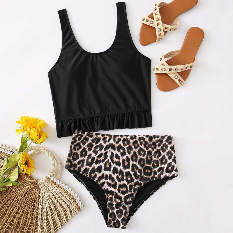 

Leopard Ruffle Hem Bikini Swimsuit, Multicolor