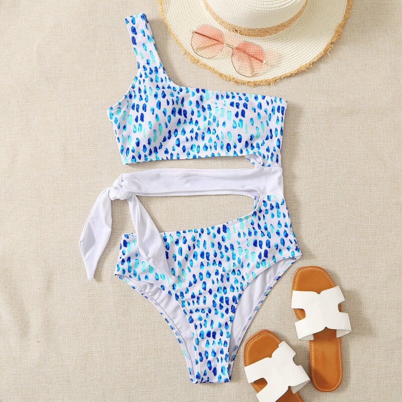 

Allover Print Cut-out One Shoulder One Piece Swimsuit, Blue and white