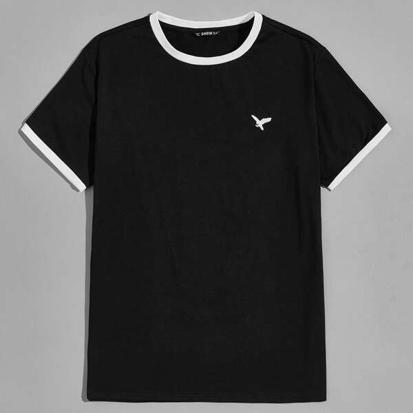 

Men Eagle Embroidered Ringer Tee, Black