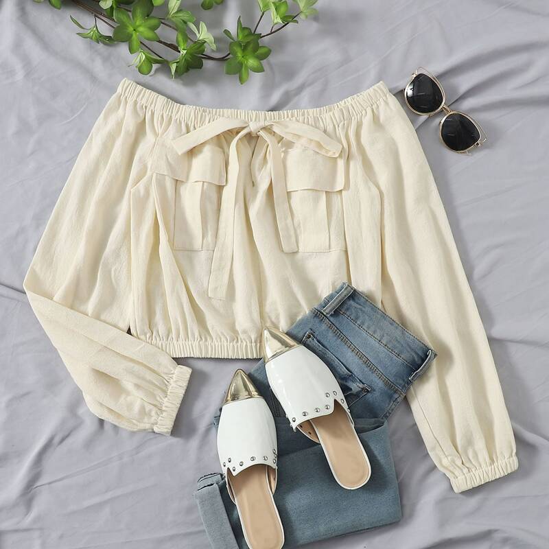 

Off Shoulder Pocket Front Blouse, Beige