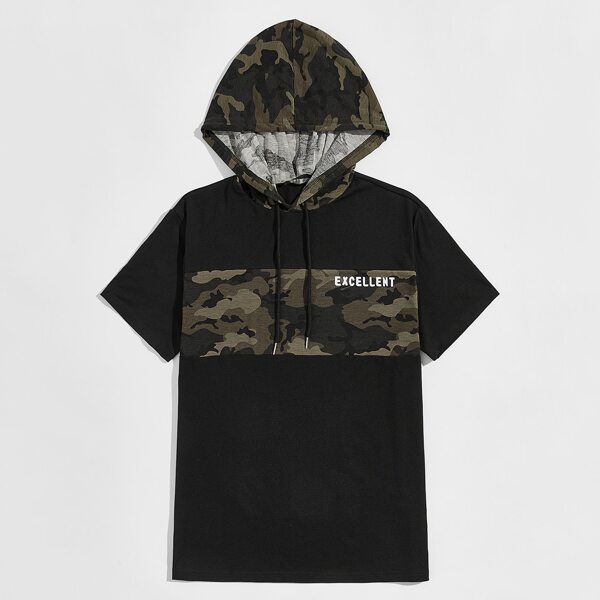 

Men Letter Graphic Camo Drawstring Hooded Top, Black