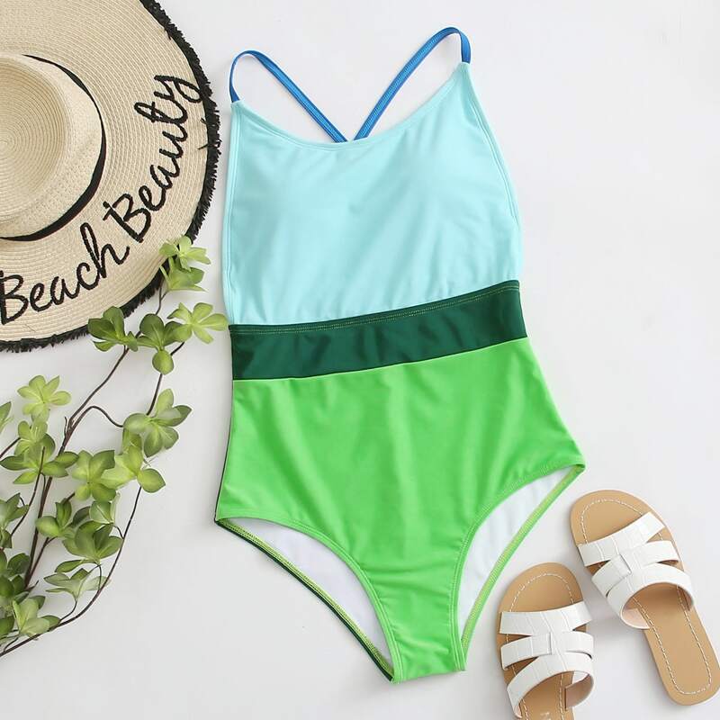 

Colorblock Crisscross Cami One Piece Swimsuit, Multicolor