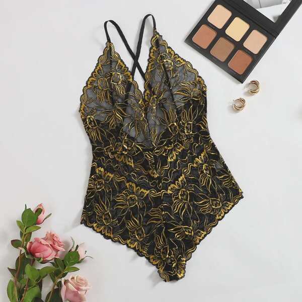 

Plus Floral Lace Teddy Bodysuit, Gold