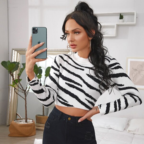 

Mock Neck Zebra Stripe Crop Sweater, Black and white