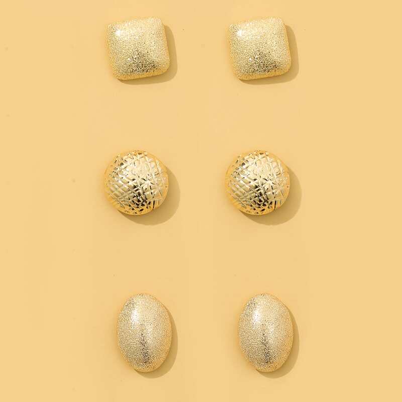

3pairs Textured Metal Geometric Stud Earrings, Gold