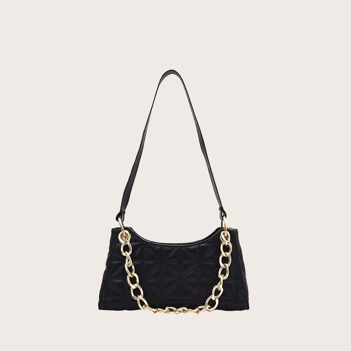 

Quilted Chain Baguette Bag, Black