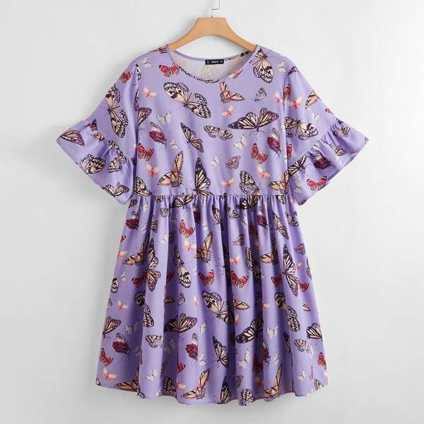 

Plus Flounce Sleeve Butterfly Print Smock Dress, Lilac purple