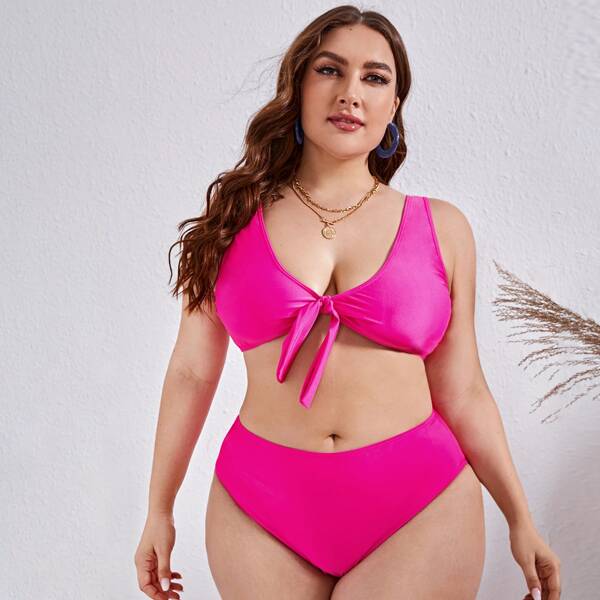

Plus Knot Front High Waisted Bikini Swimsuit, Hot pink