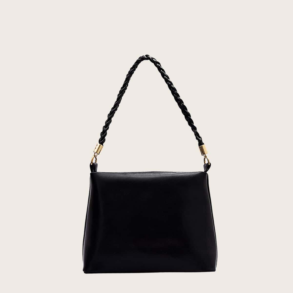 

Solid Braided Strap Tote Bag, Black