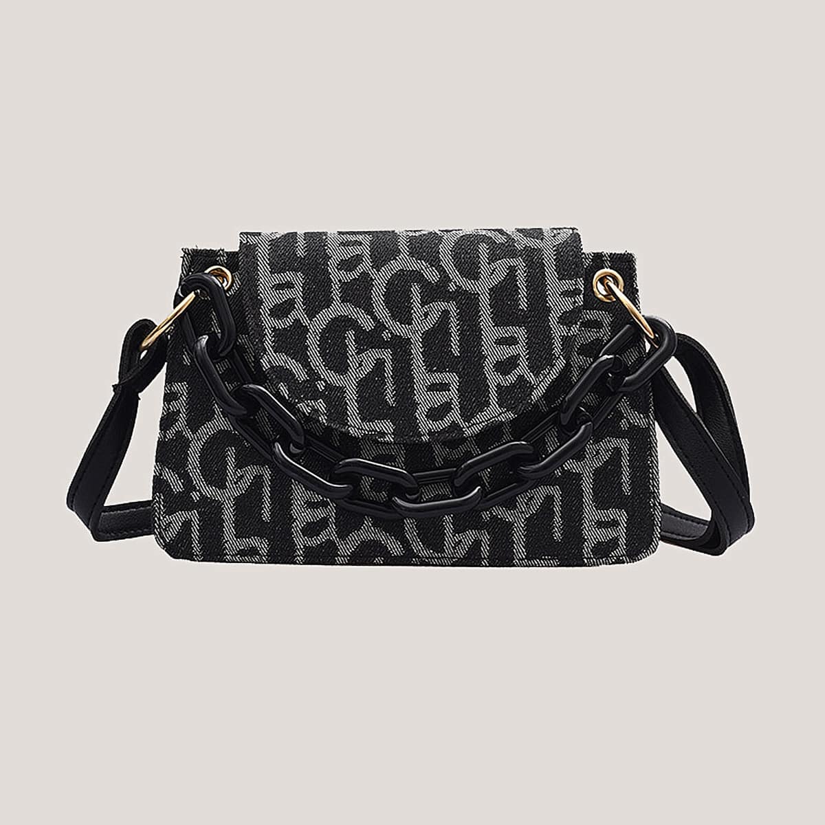 

Letter Graphic Chain Satchel Bag, Black