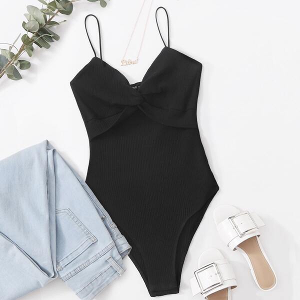 

Plus Twist Front Rib-knit Cami Bodysuit, Black