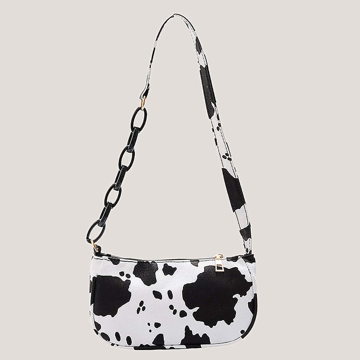 

Cow Print Baguette Bag, Black and white